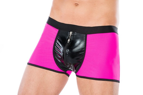 Herren Dessous Boxer-Short schwarz pink aus wetlook Material mit Reißverschluss Männer Shorts Unterw