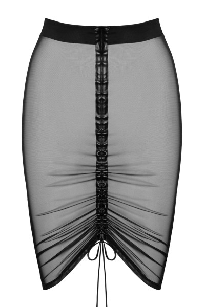 Transparenter schwarzer Damen Rock knielang aus Netzmaterial mit Gummibund und Raffung
