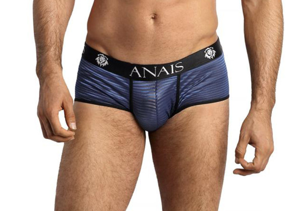 Herren Brief Shorts in blau aus feinem dehnbaren Netzmaterial mit Querstreifen und breitem Gummibund