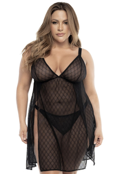 Schwarzes Babydoll Plus Size Negligee Set aus Babydoll und Slip schwarz transparent aus Netzmaterial