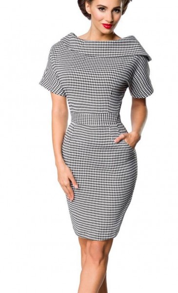 Retro Damen Pencilkleid in grau mit weißen Hahnentrittmuster Vintagekleid mit kurzen Ärmeln und groß
