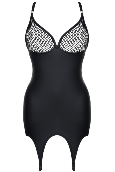 Schwarzes erotisches Frauen wetlook Strapskleid mit Netz Stoff transparent Mini Kleid mit Strumpf-Ha