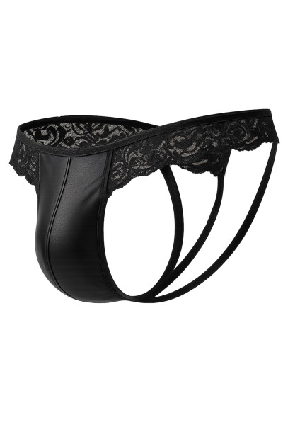 Schwarzer Wetlook und Spitze Herren Jockstrap Slip pofrei mit Suspensorium elastisch
