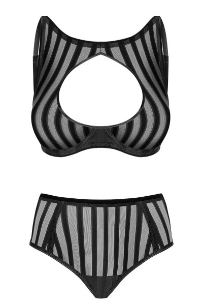 Damen Reizwäsche Dessous Set High Neck Bügel-BH und Panty gestreift transparent schwarz aus Tüll