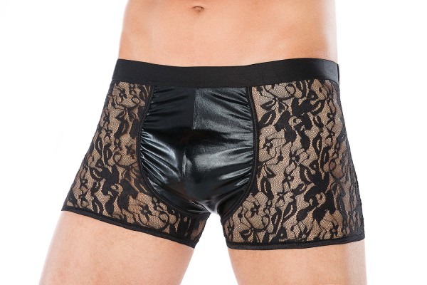 Herren Dessous Boxer-Shorts schwarz aus Spitze und wetlook Material transparent Männer Shorts Unterw