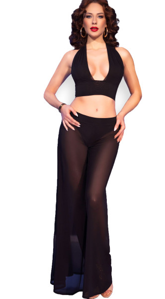 Damen Dessous Netz Set Hosen Kostüm mit schwarzem Tüll Top, Schlaghose, String, zum binden und Strin