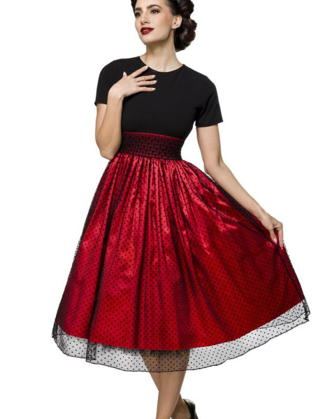 Schwarzes knielanges Swing Kleid im High Waist Schnitt mit Tellerrock und Rundhals-Ausschnitt Pünktc