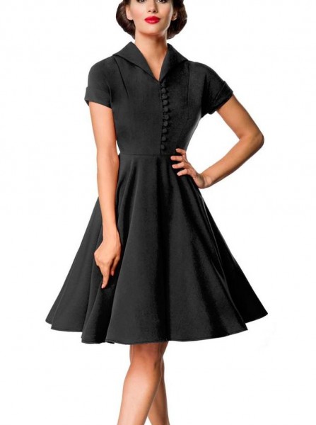 Retro Damen Swingkleid in schwarz mit Knopfleiste vorn Vintagekleid mit kurzen Ärmeln und Umlege Kra