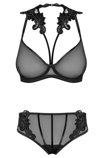 Frauen Dessous Set aus Bügel-BH mit Stickerei und Panty in schwarz transparent elastisch BH und Slip