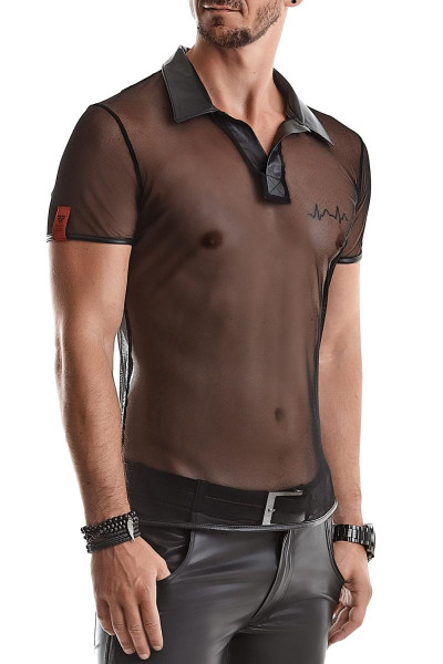 Transparentes Herren T-Shirt schwarz aus Mesh Material mit wetlook Stehkragen Männer Poloshirt kurza