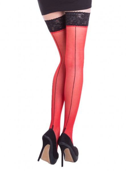 Halterlose Damen Dessous Naht-Strümpfe rot mit schwarzer Spitze und Silikonstreifen Stockings 20 den
