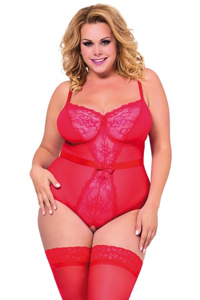 Damen Dessous Plus Size Body ouvert rot transparent aus dehnbarer Spitze und Tüll mit Bügel Cups