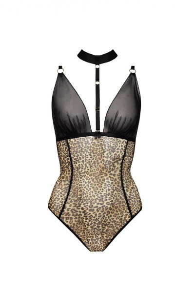 Schwarzer Plus Size Damen Dessous Stringbody mit leoparden Muster aus Netzmaterial transparent