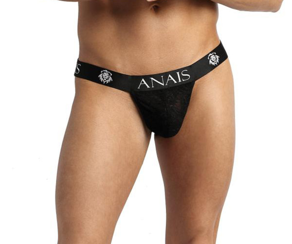 Schwarzer Herren Jock Strap aus leicht glänzendem blickdichtem Stoff und breitem Gummibund