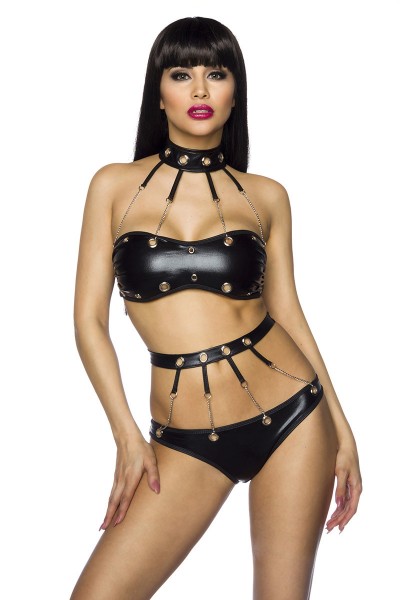 Erotisches Damen Dessous wetlook Set aus Top mit Halsband und Slip mit Taillenband in schwarz aus Ös