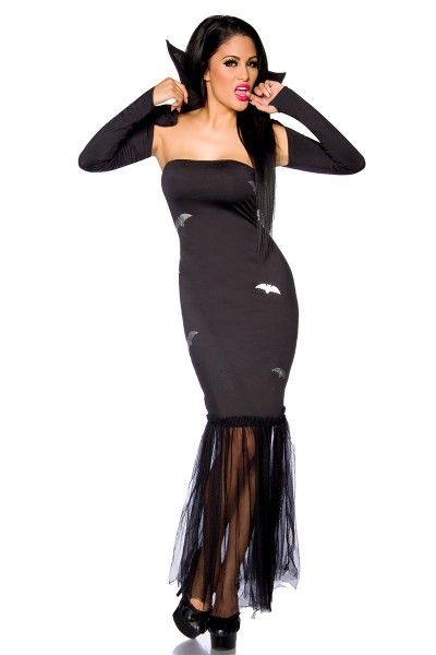 Schwarzes Damen Vampier Kostüm aus Kleid und Bolero mit hohem Kragen