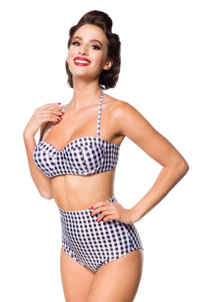 Elastischer Damen Bikini Träger Neckholder Top und Karo Muster schwarz weiß Push Up