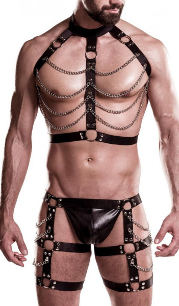 Herren sexy schwarzes Wetlook Harness-Set mit Shorts Bondage Oberteil mit Bänder Beingeschirr Ketten