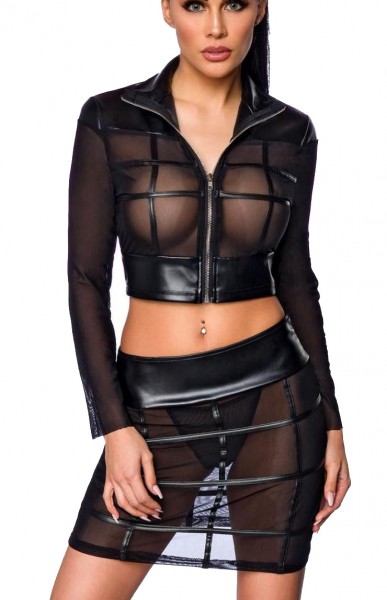 Erotisches Damen Gogooutfit aus Jacke, String, Rock und transparent in wetlook schwarz Dessous Set e