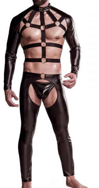Herren sexy schwarzes Wetlook Harness-Set mit Bolero Bondage Oberteil mit Bänder Chaps Riemchen Stri