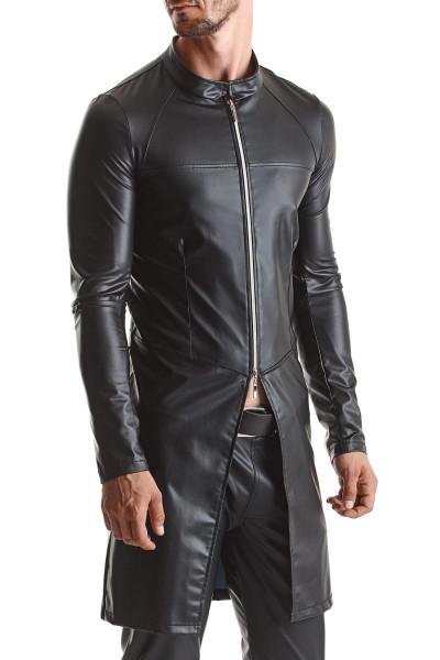 Herren Mantel aus schwarzem Wetlook Material mit Reißverschluss vorn Slim-Fit-Form elastisch