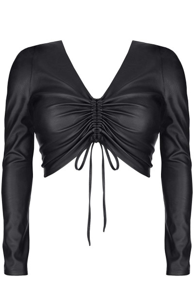 Schwarzes Damen Top langarm aus Kunstleder mit seitlichem Reißverschluss bauchfrei elastisch