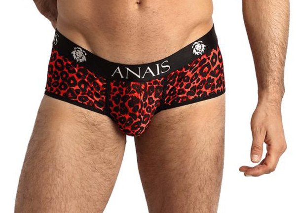 Herren Brief Shorts in schwarz rot aus glattem halbtranparenten Stoff mit Animal Print und breitem G