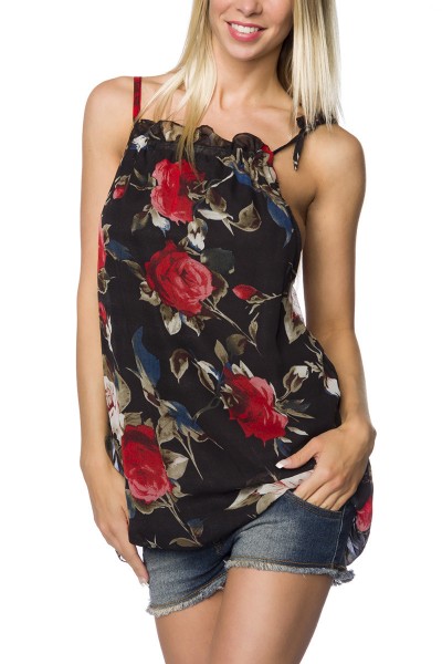 Sommerliches Damen Top Shirt in schwarz rot mit Blumen Print und Träger zum binden