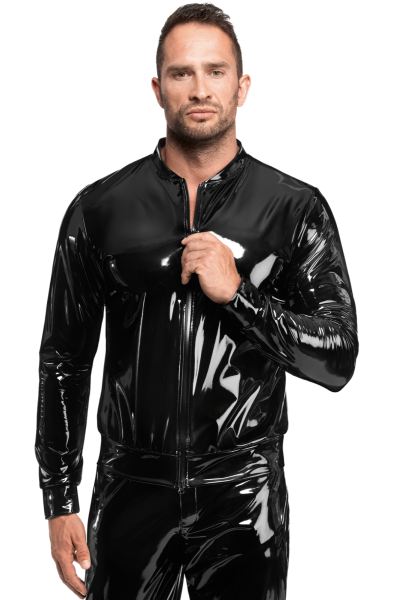 Glänzende Herren Jacke Lack schwarz aus Wetlook Material mit Reißverschluss Stehkragen Männer Pullov