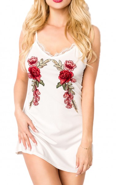 Weißes Sommerkleid mit großen roten Rosen und Spitzen Ausschnitt Stickereien