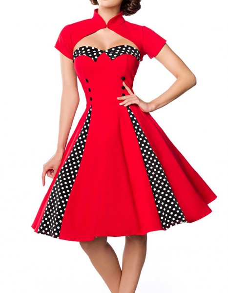 Rot schwarzes ausgestelltes Rockabilly Kleid mit Stehkragen und abnehmbaren Bolero Stoffknöpfe und R