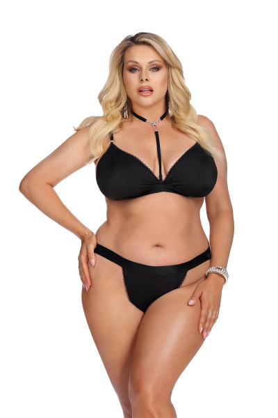 Schwarzes Damen Unterwäsche Dessous Set Plus Size BH und String aus Satin und Gummibändern elastisch
