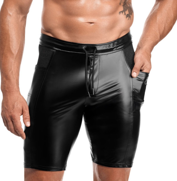 Schwarze lange Herren wetlook Shorts Seitentaschen glänzend elastischer Bund mit Mesh Einsatz Männer