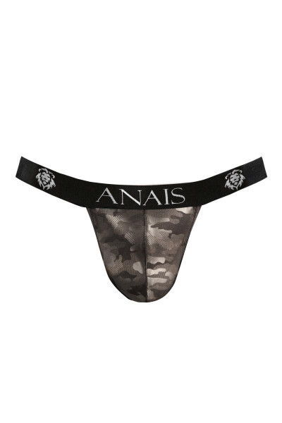 Herren Jock Strap in schwarz aus blickdichtem Stoff mit camouflage Print Männer Slip mit Tarn Muster