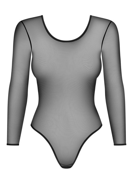 Frauen Netz Dessous Teddy Body in Schwarz mit Multistretch und langen Ärmeln transparent Rückenfrei