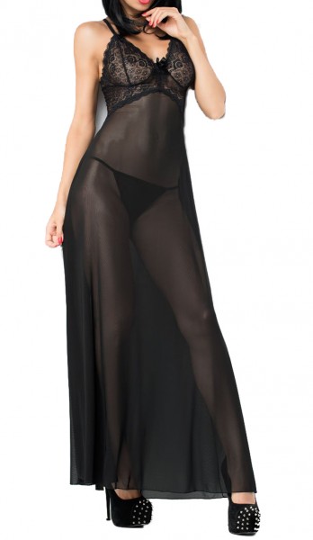 Langes Babydoll mit Spitze in schwarz transparent mit Rückenschlitz inkl String Damen Nachtkleid