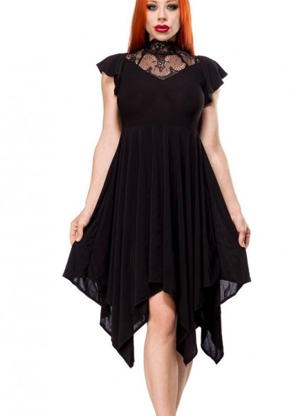 Schwarzes knielanges Gothic Kleid im High Waist Schnitt mit Spitze und Herzausschnitt Vollglocke und
