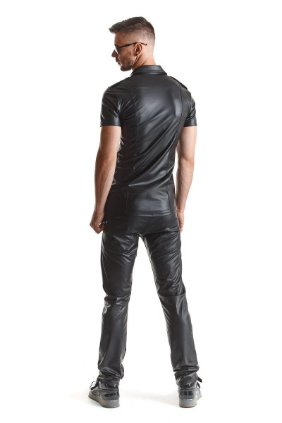 Herren wetlook Hemd schwarz mit Stehkragen und Druckknöpfen Männder Slim Fit Hemd