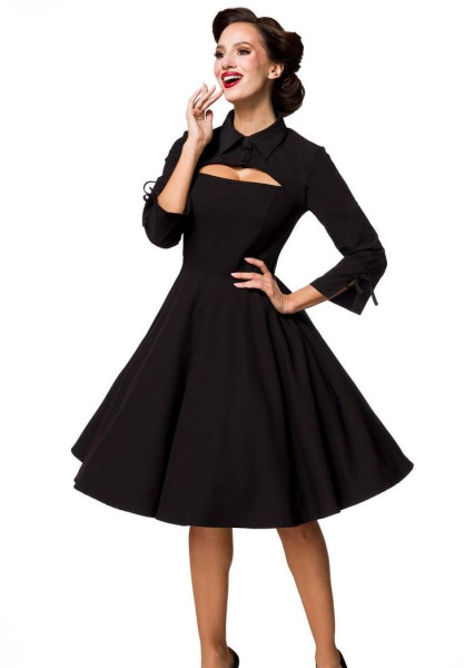 Schwarzes susgestelltes Rockabilly Kleid mit Stehkragen und 3/4 Ärmel Bolero Stoffknöpfe und Frontau