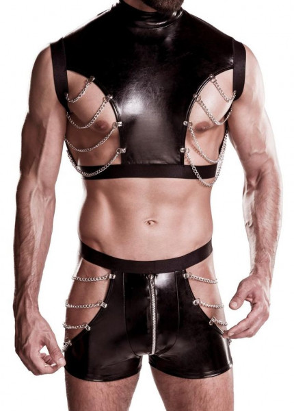 Herren sexy schwarzes Wetlook Harness-Set mit Shorts Bondage Oberteil mit Ketten Armbänder Roleplay