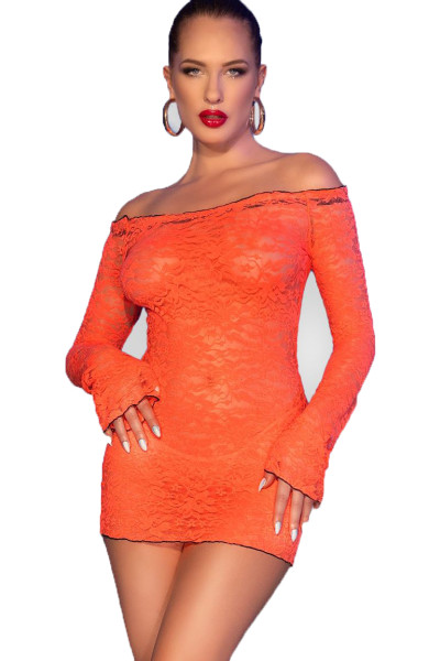 Damen Dessous kurzes enges transparentes Kleid Minikleid in orange mit langen Ärmeln Bandeau und Spi