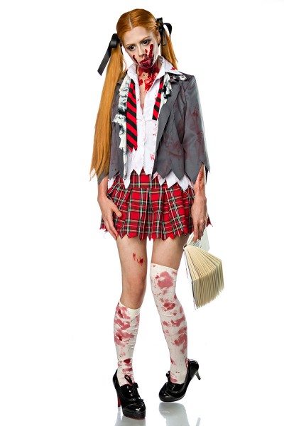 Damen Zombie Schoolgirl Schulmädchen Verkleidung Kostüm aus Bluse, Rock, Krawatte, Jacke, Stockings