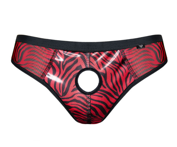 Herren Netz Slip erotisch ouvert schwarz rot aus elastischem Tüll und Lack mit vorderer Öffnung und