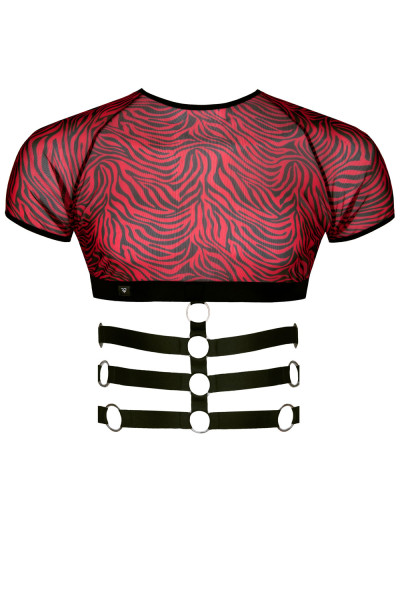 Männer Harness T-Shirt schwarz/rot Top mit kurzen Ärmeln und Gummibändern Zebramuster Skinny