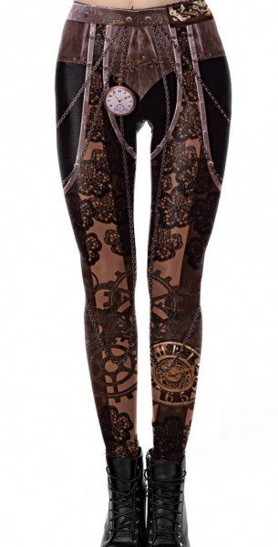 Braune Damen Steampunk Wetlook Leggings mit Zahnräder Uhren und Strumpfhose Optik elastischer Bund