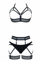 Schwarzes knappes Frauen Dessous Set aus BH, String und Strumpfhaltergürtel aus Gummi Bänder Schwarzes knappes Frauen Dessous Set aus BH, String und Strumpfhaltergürtel aus Gummi Bänder