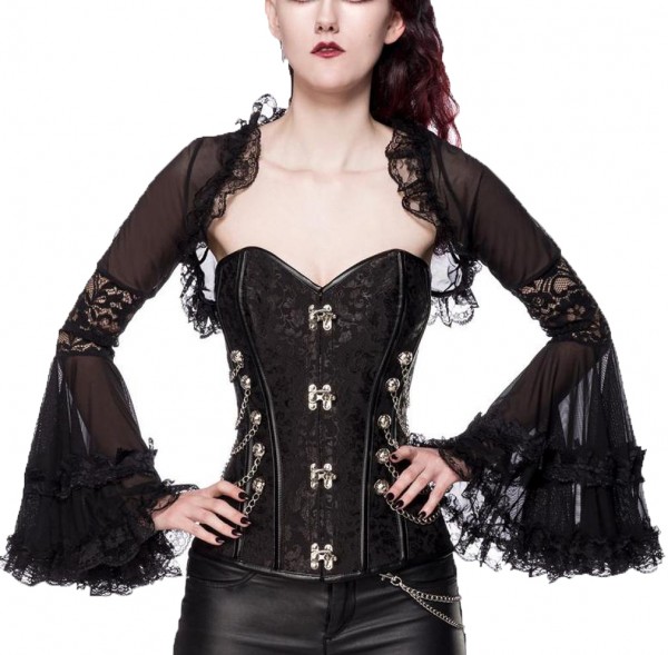 Schwarzer transparenter Spitzen Bolero mit Rüschen Tüll und Trompetenärmeln Gothic