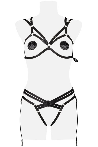 3-teiliges Bandage-Set erotisches Dessous Set aus Gummi Bänder in schwarz offen