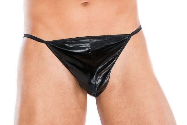 Wetlook-Slip Schwarz mit Bänder sexy Unterwäsche Männer String mit Ausschnitte offen elastisch Riemc