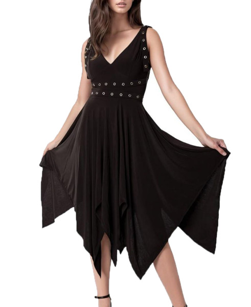 Schwarzes knielanges Swing Kleid im Kreuzträger Schnitt mit Nieten und V-ausschnitt Gothic und vorn